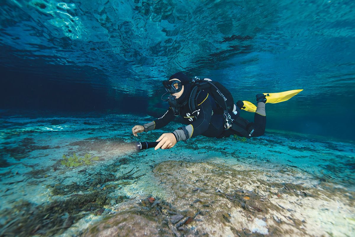 Man diving with flashlight at the ready